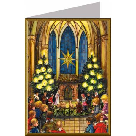 Carte de Noël double traditionnelle "Crèche dans l'Eglise" + enveloppe