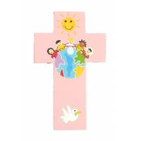 Croix murale enfants du monde en rose 12 cm