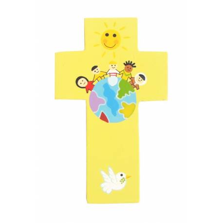Croix murale enfants du monde en jaune 12 cm