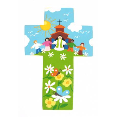 Croix murale prètre avec enfants 15 cm en jaune