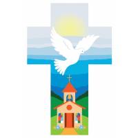 Kruisbeeld duif met blauwe kerk 14 cm 
