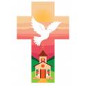 Croix murale colombe et Eglise rose 14 cm