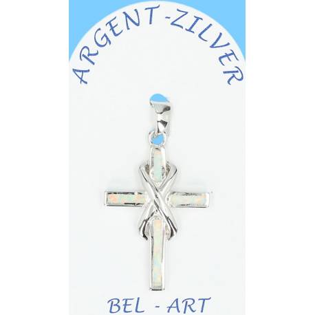 Croix Argent infini "Opal blanche" 25 X 20 Mm