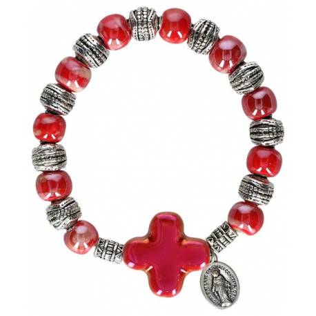 Bracelet s/elastique Verre rouge + méd miraculeuse