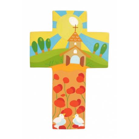Croix murale Eglise et champs de coquelicots 15 cm