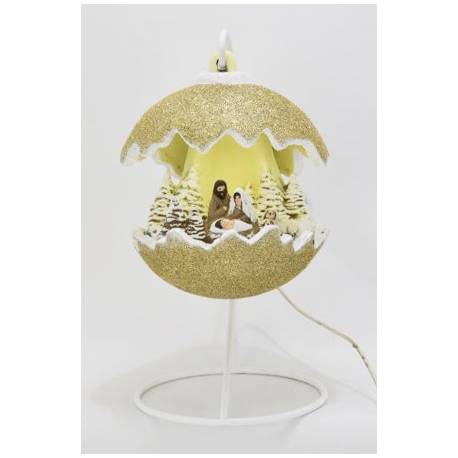 Kerststal in een gouden keramiek kerstbol + licht 