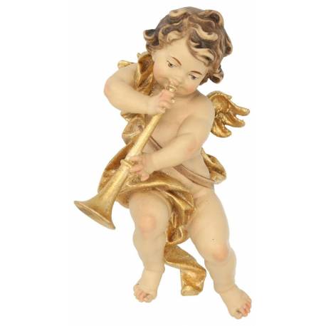 Houtsnijwerk Engel /Trombone 15 cm / Gekleurd 