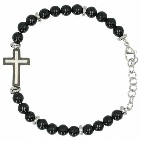 Herenarmband in zwarte agaat met stalen kruis 