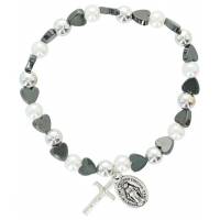 Armband op elastiek Wit-Hematiet Kruisje + Med. Wonderbare 