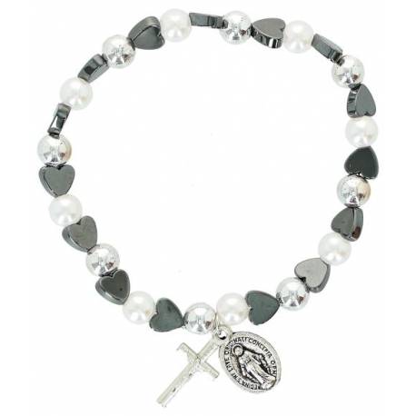 Armband op elastiek Wit-Hematiet Kruisje + Med. Wonderbare 