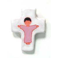 Croix Céramique 10.5 X 8 cm Blanc / Jésus rose