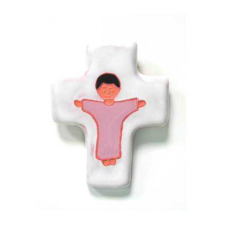 Croix Céramique 10.5 X 8 cm Blanc / Jésus rose