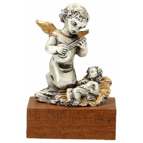 Statue/base Bois Ange Musicien + Enfant