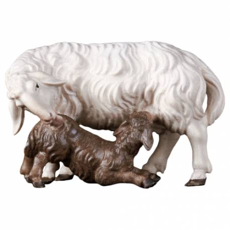 Mouton blanc et agneau brun : crèche de Noël en bois Ulrich 15 cm