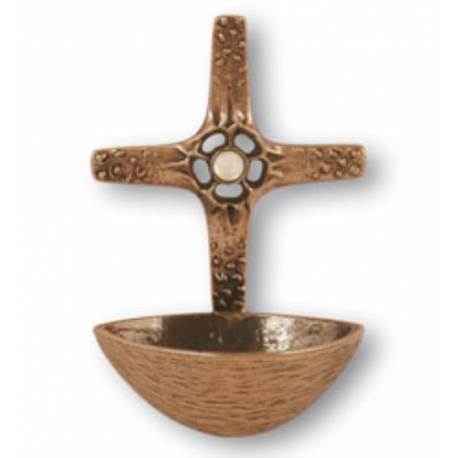 Wijwatervat Brons Kruis Met Bergkristal - 14 Cm 