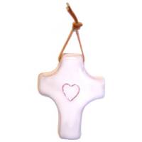 Croix Céramique 9 X 7 Cm - Blanc Coeur Blanc
