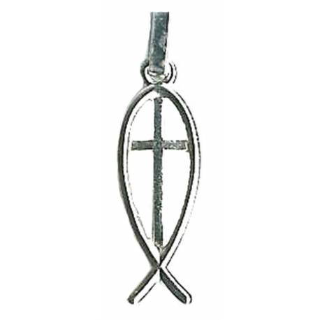 Médaille ajourée Poisson + Croix - 18 X 7 mm - Métal Argenté