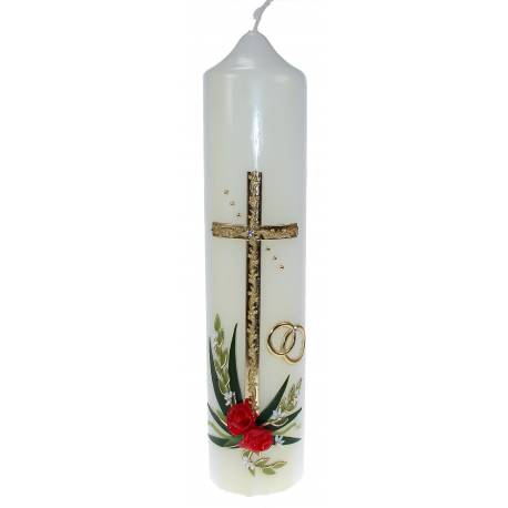 Cierge de mariage - 265 x 60 mm - croix/alliances/roses rouges