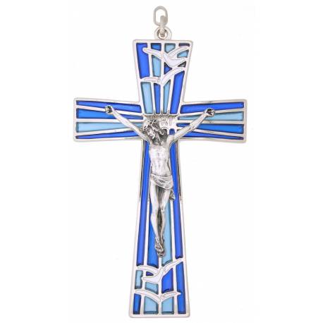 Croix Murale 12 cm Email Bleu / Mét. argenté