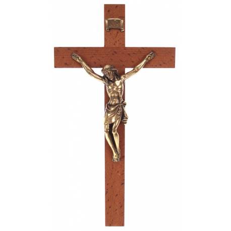 Croix Murale - 12 cm - Bois Corps Mét. Bronzé