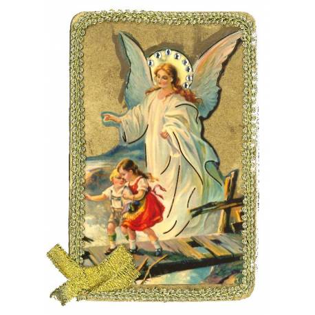 Cadre en bois 10.5 x 6.5 cm Ange Gardien brodure dorée