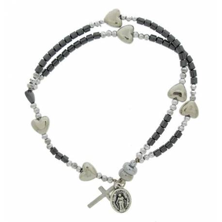 Bracelet-chapelet - hématite - coeurs argentés - fermoir aimanté