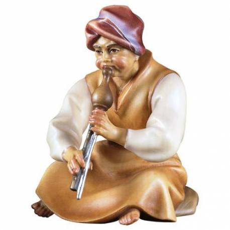 Houtsnijwerk Herder Zittend Metfluit voor kerstfiguren van 16 cm/Gekleurd 
