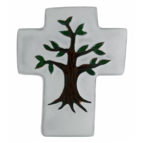 Croix Céramique 12 X 10 cm Blanc - Arbre de Vie