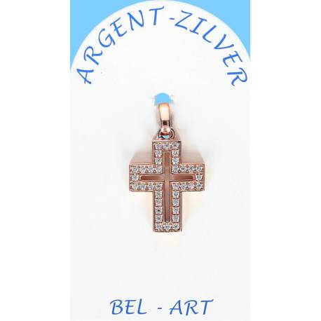 Croix Argent Rose + Zircons 18 X 14 Mm