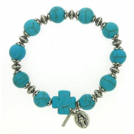 Armband/elastiek - turkoois + med. + kruisje 