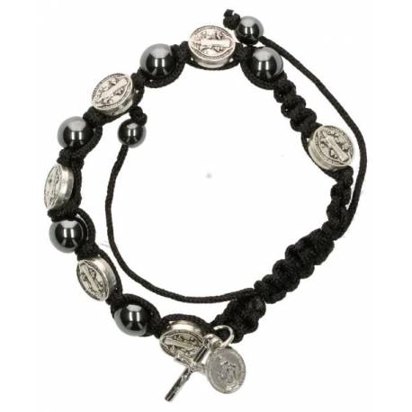 Armband/koord - H Benedictus - hematiet - metalen medailles 