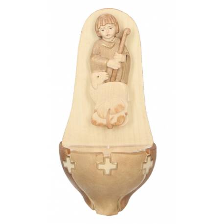 Houtsnijwerk Wijwatervat/Goede Herder 15 Cm 2 Houtkleuren 