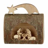 Nativité dans rondin en bois sculpté H 6 cm x L 12 cm