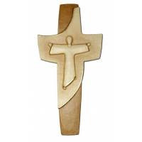 Croix Murale Bois Sculpte 15 Cm 2 Tons Bois et finition or