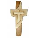 Croix Murale Bois Sculpte 15 Cm 2 Tons Bois et finition or