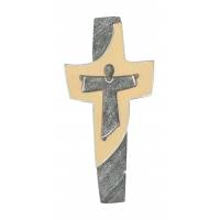Croix en bois sculpte H 15Cm finition naturel+marbré gris