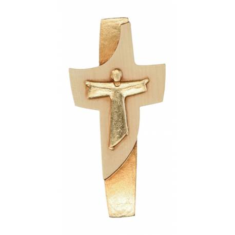 Croix En Bois Sculpte 15Cm Or Et Cuivre