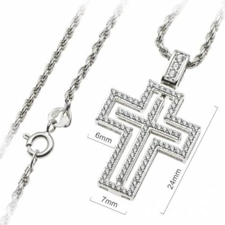 Croix 24 mm argent avec zircons et chaîne