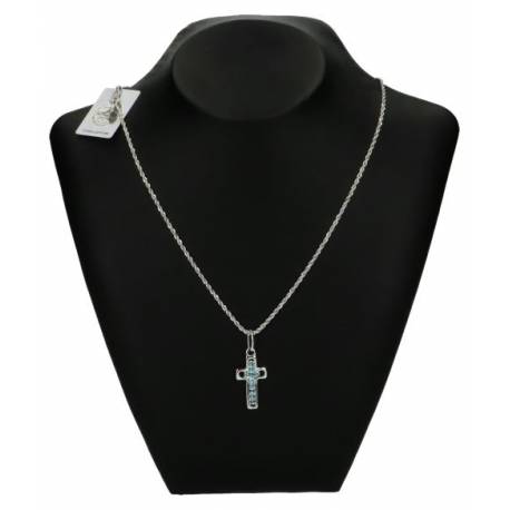 Pendentif Croix Aquamarine + Chaine 45Cm