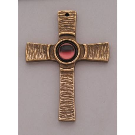 Croix Murale 8.5 Cm Bronze Pierre Rouge