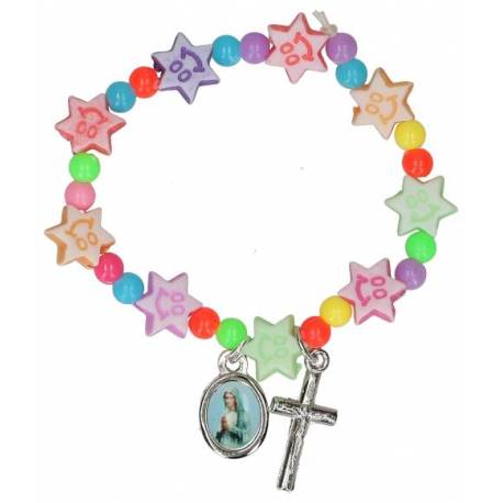 Armband-Tienjte Sterretjes acryl + Kruisje + Med Bx 