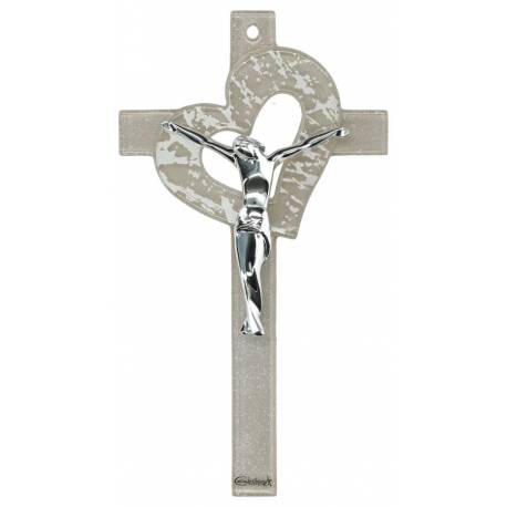 Kruisbeeld Glas 16 cm - Hart + Corpus verzilverd 