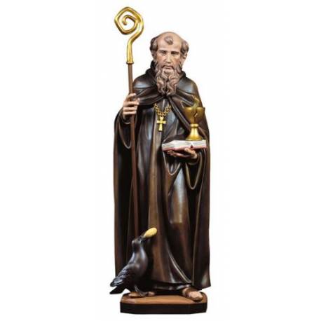 Statue en bois sculpté Saint Benoît avec corbeau et calice 23 cm couleur