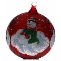Boule De Noel Rouge Avec Bonhomme De Neige Diam 11 Cm