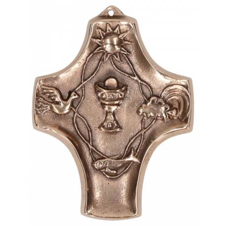 Croix murale bronze 7.5 X 10 cm Avec calice, poisson, colombe, soleil, ciel