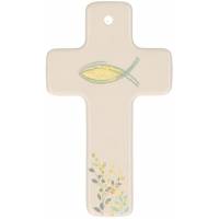Croix murale Porcelaine 6.5 x 11 cm Poisson et fleurs