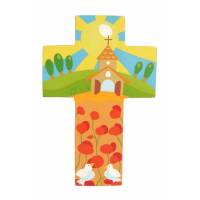 Croix murale Eglise et champs de coquelicots 15 cm