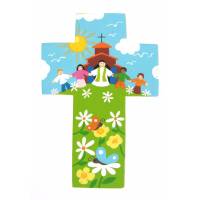 Croix murale prètre avec enfants 15 cm en jaune