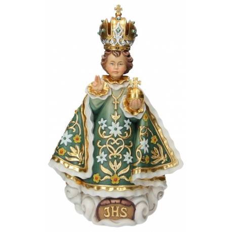 Houtsnijwerk beeld Kind Jezus van Praag 46 cm gekleurd groen 