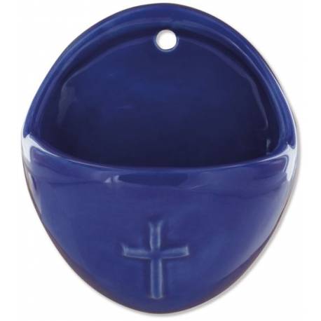 Wijwatervat Keramiek 8.5 X 10 Cm Blauw glanzend Kruisje 
